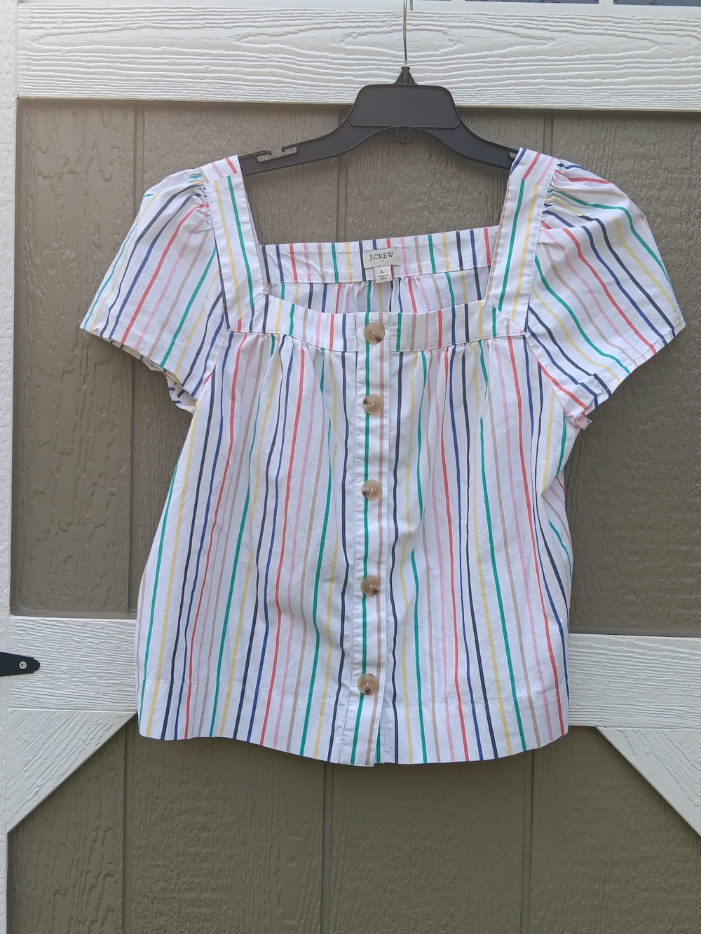 J. Crew White Square-Neck Button Front Top with Multicolor Stripes Size L